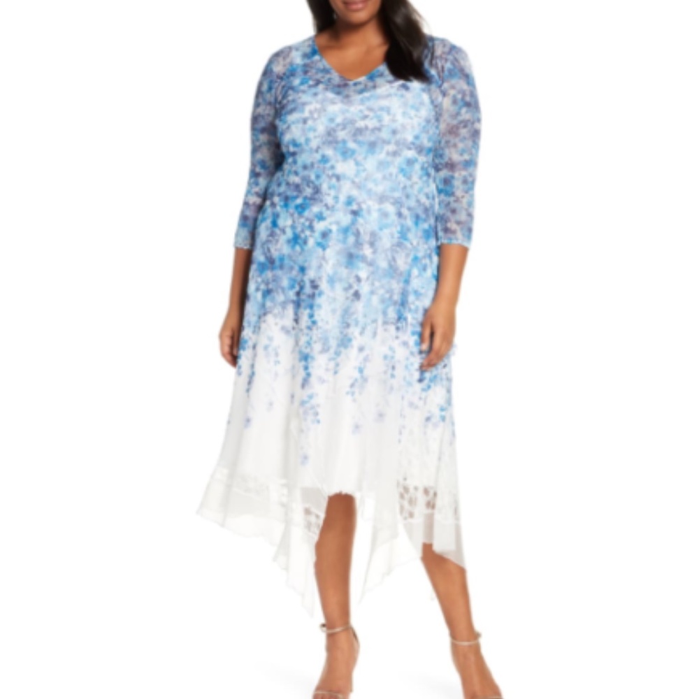 Komarov Watercolor Print Chiffon Handkerchief dress in Cerulean 2X